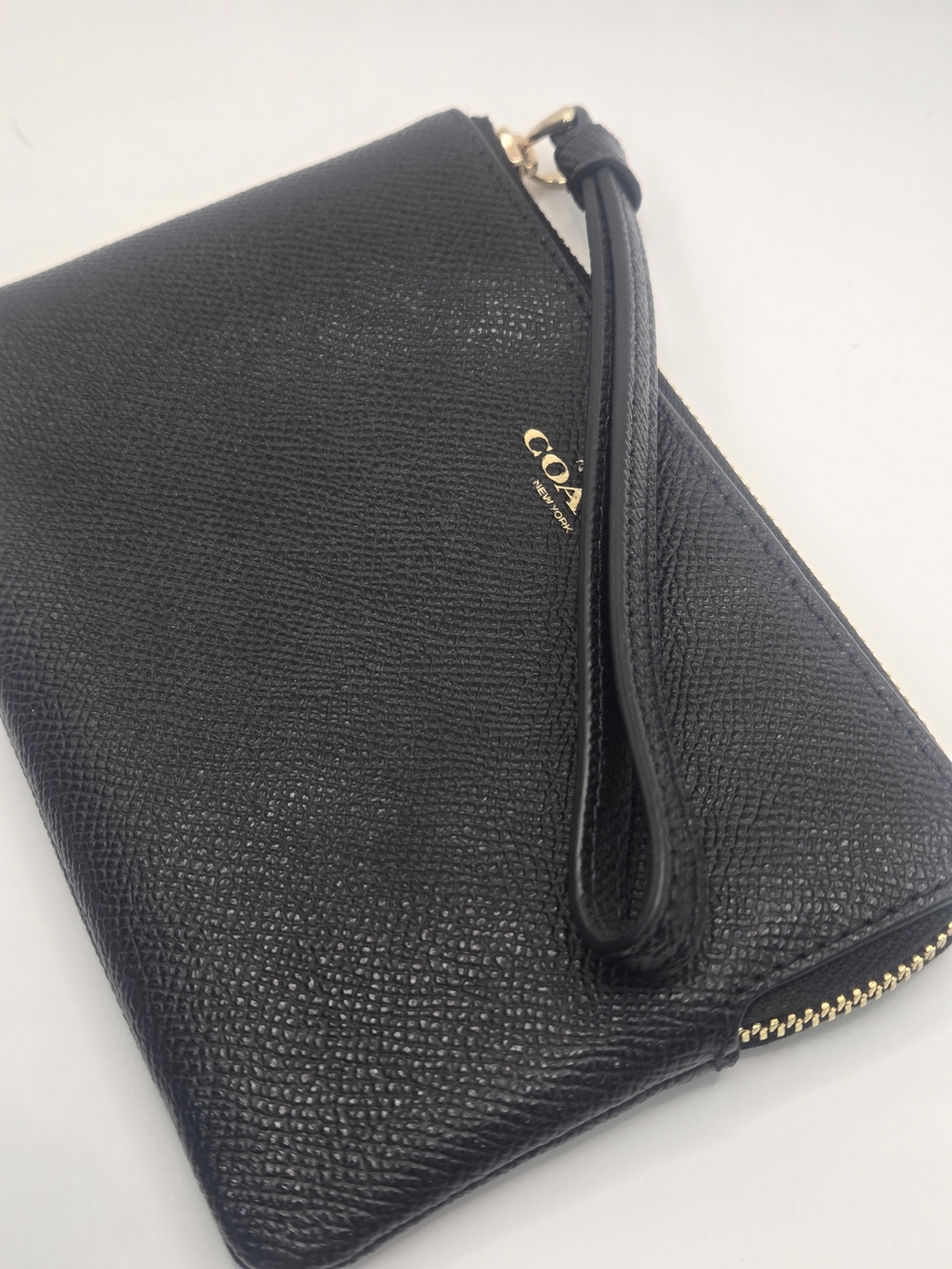 Coach Black Pebbled Leather Wristlet with Gold Hardware